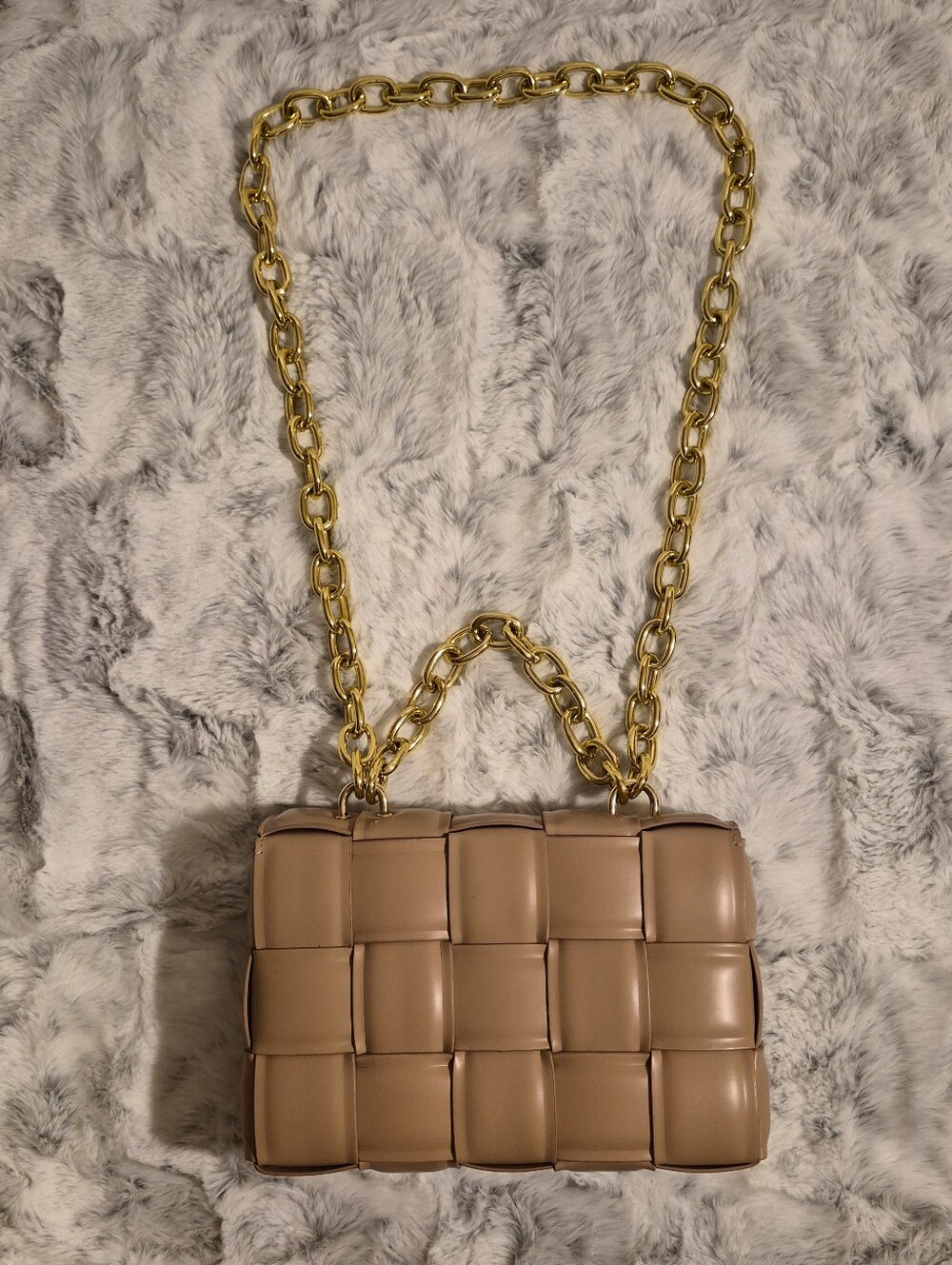 Beige Leather Chain Shoulder Bag with Gold Hardware